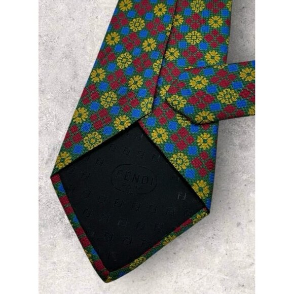 FENDI Silk Tie ITALY Green Red Yellow Geometric Floral W:3.7" EUC - Picture 6 of 7